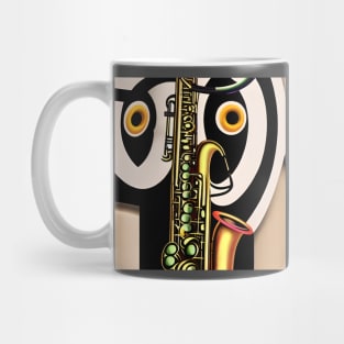 A Saxophone In The Foreground With What Looks Like A Pair Of Owl’s Eyes In The Background. Mug